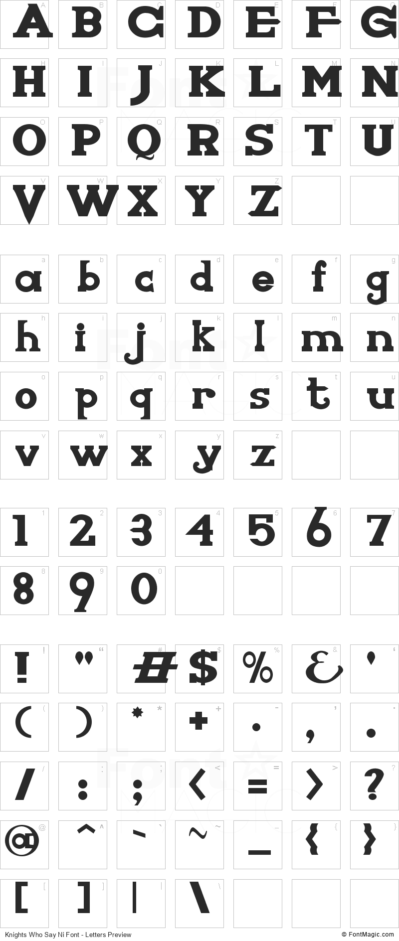 Knights Who Say Ni Font - All Latters Preview Chart