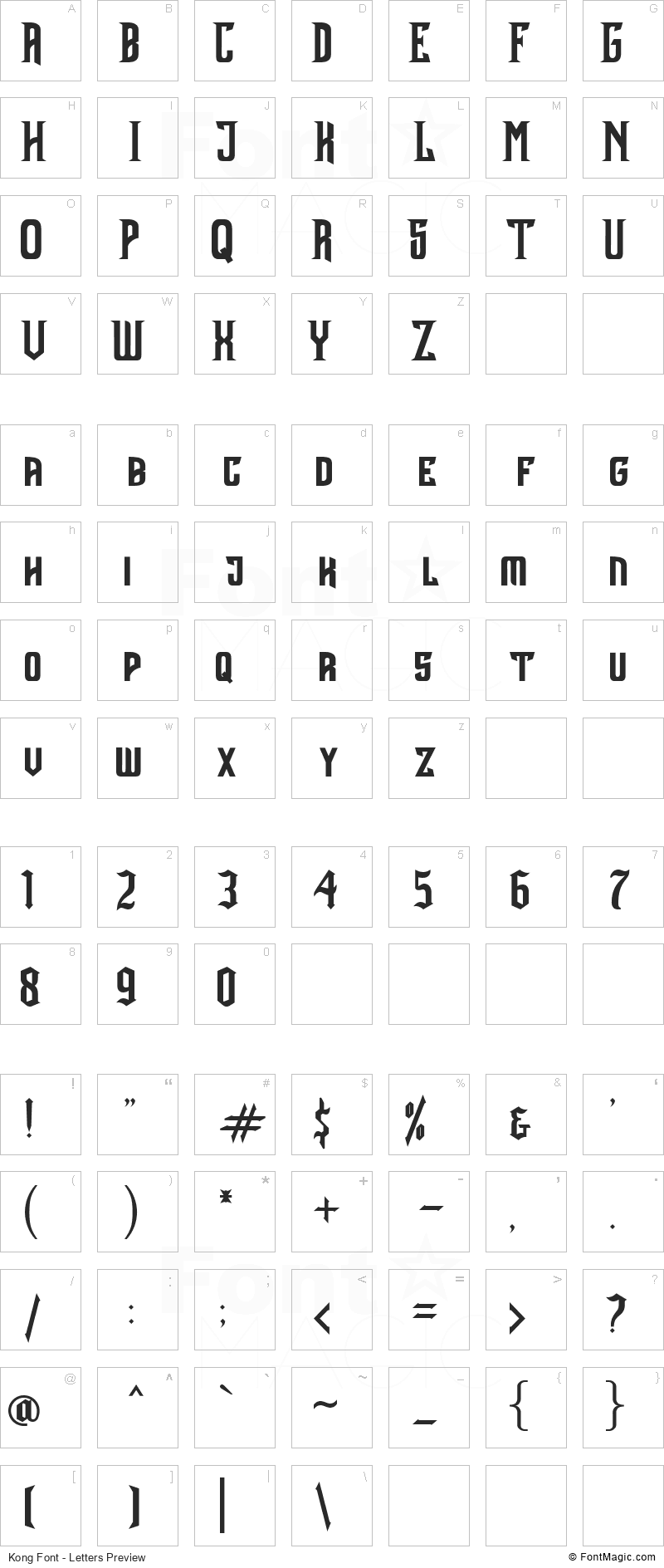 Kong Font - All Latters Preview Chart
