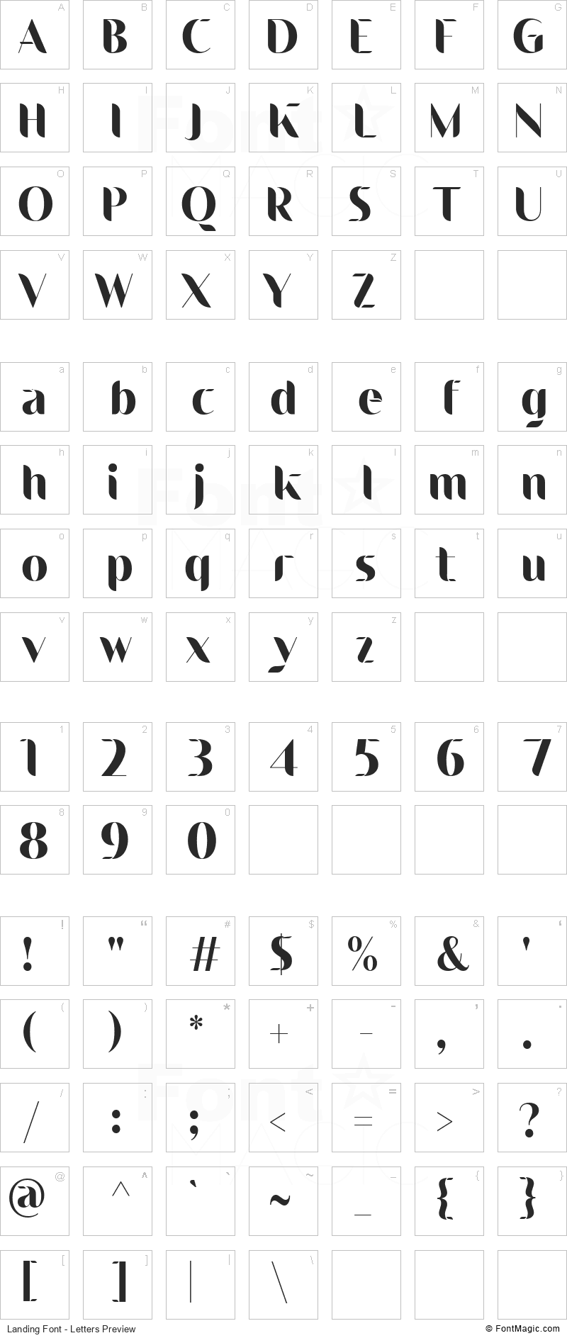 Landing Font - All Latters Preview Chart