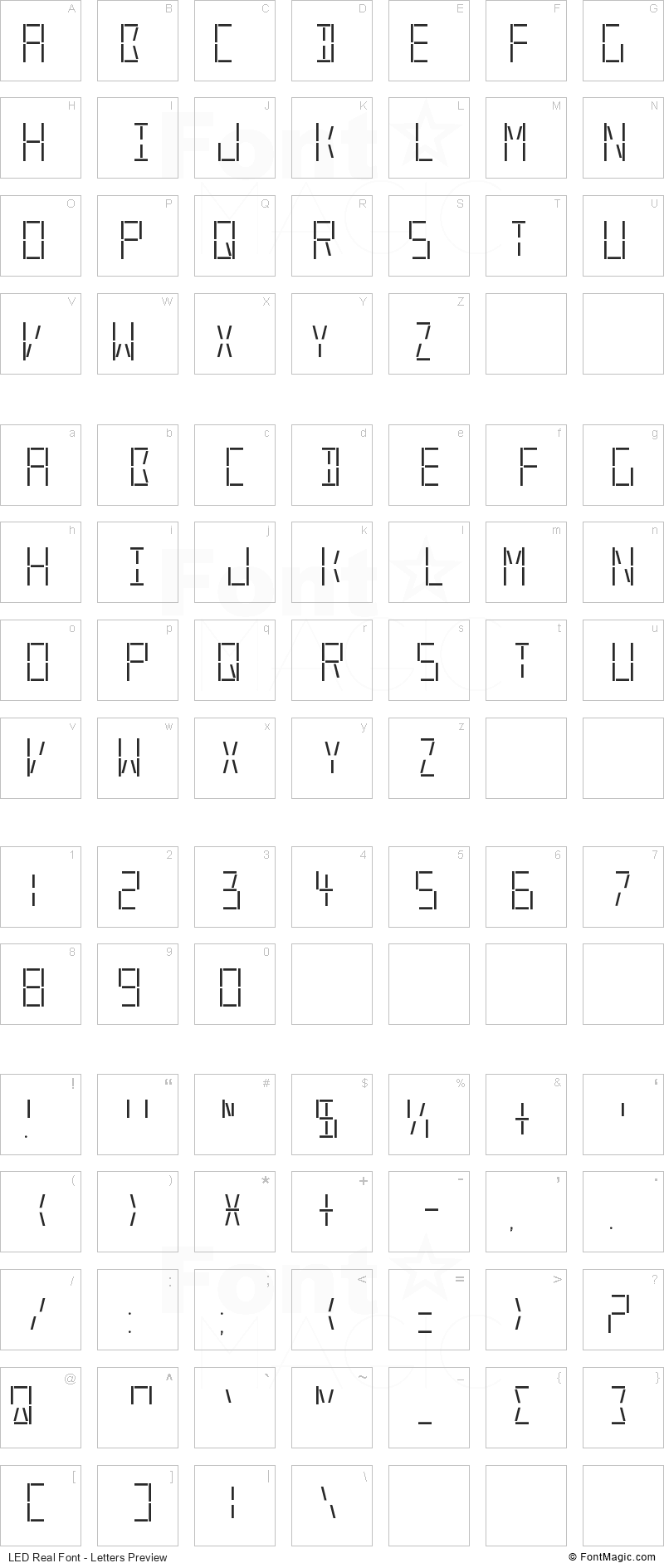 LED Real Font - All Latters Preview Chart