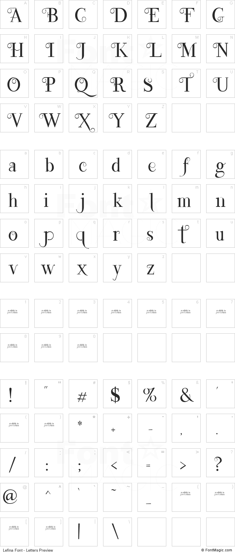 Lefina Font - All Latters Preview Chart