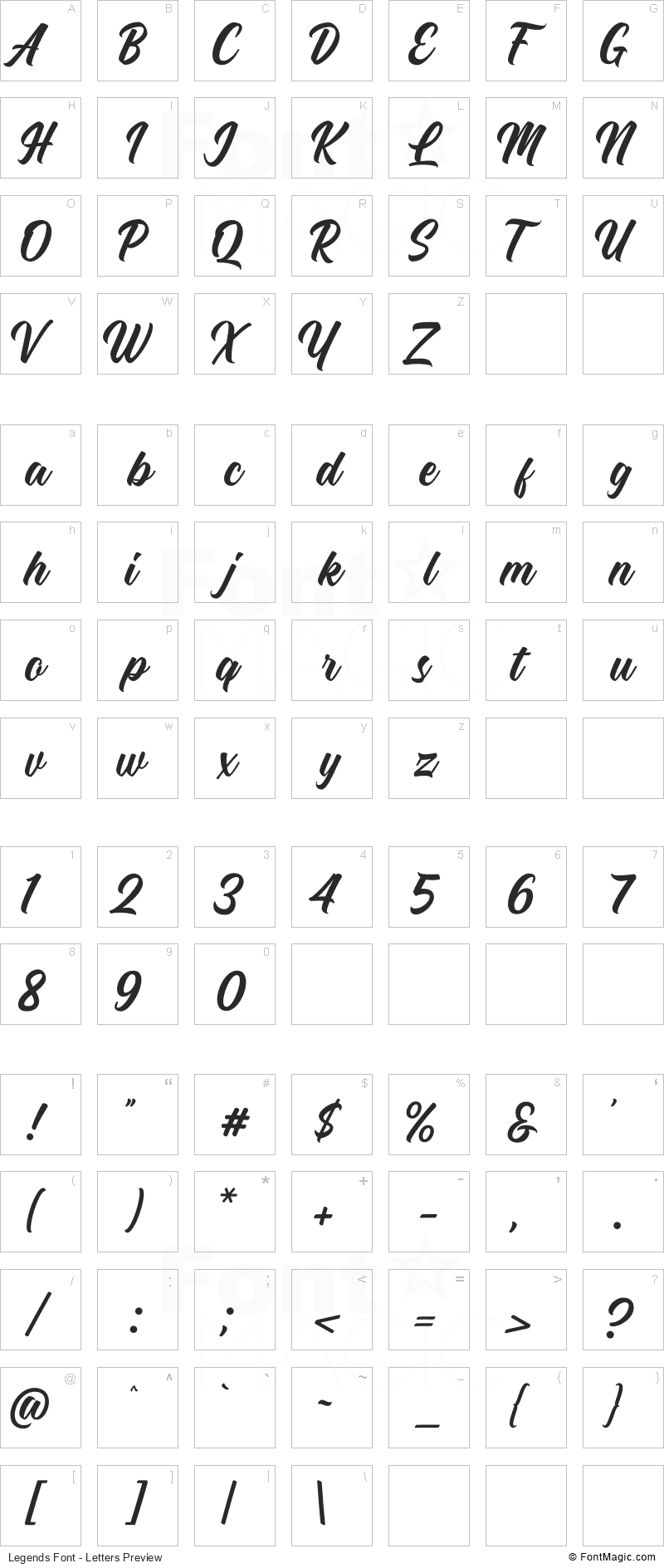 Legends Font - All Latters Preview Chart