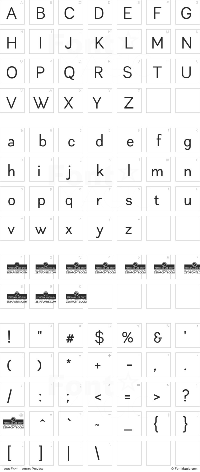 Leon Font - All Latters Preview Chart