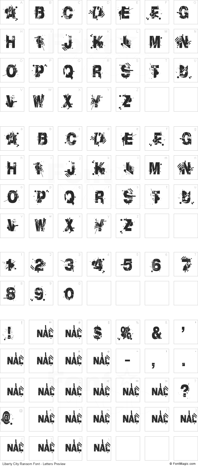 Liberty City Ransom Font - All Latters Preview Chart