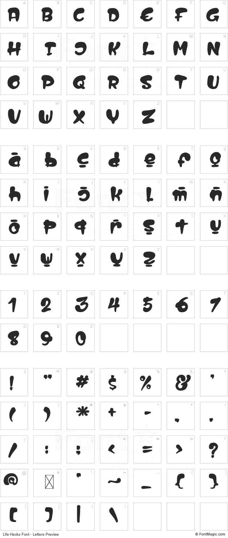 Life Hacks Font - All Latters Preview Chart