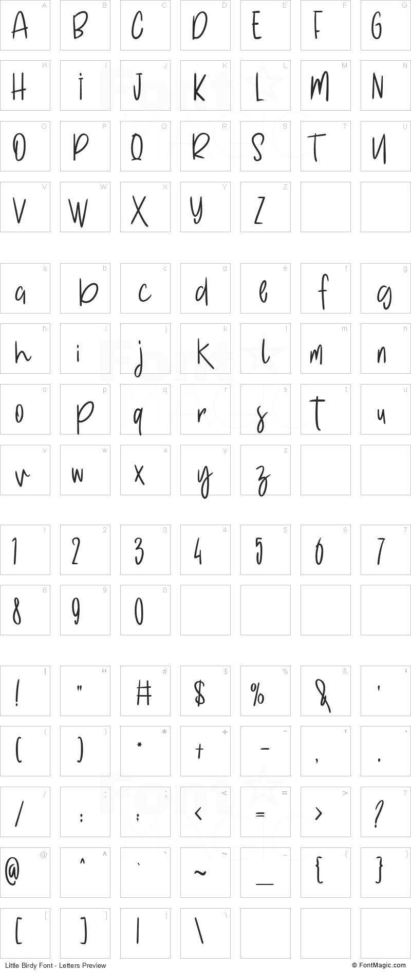 Little Birdy Font - All Latters Preview Chart