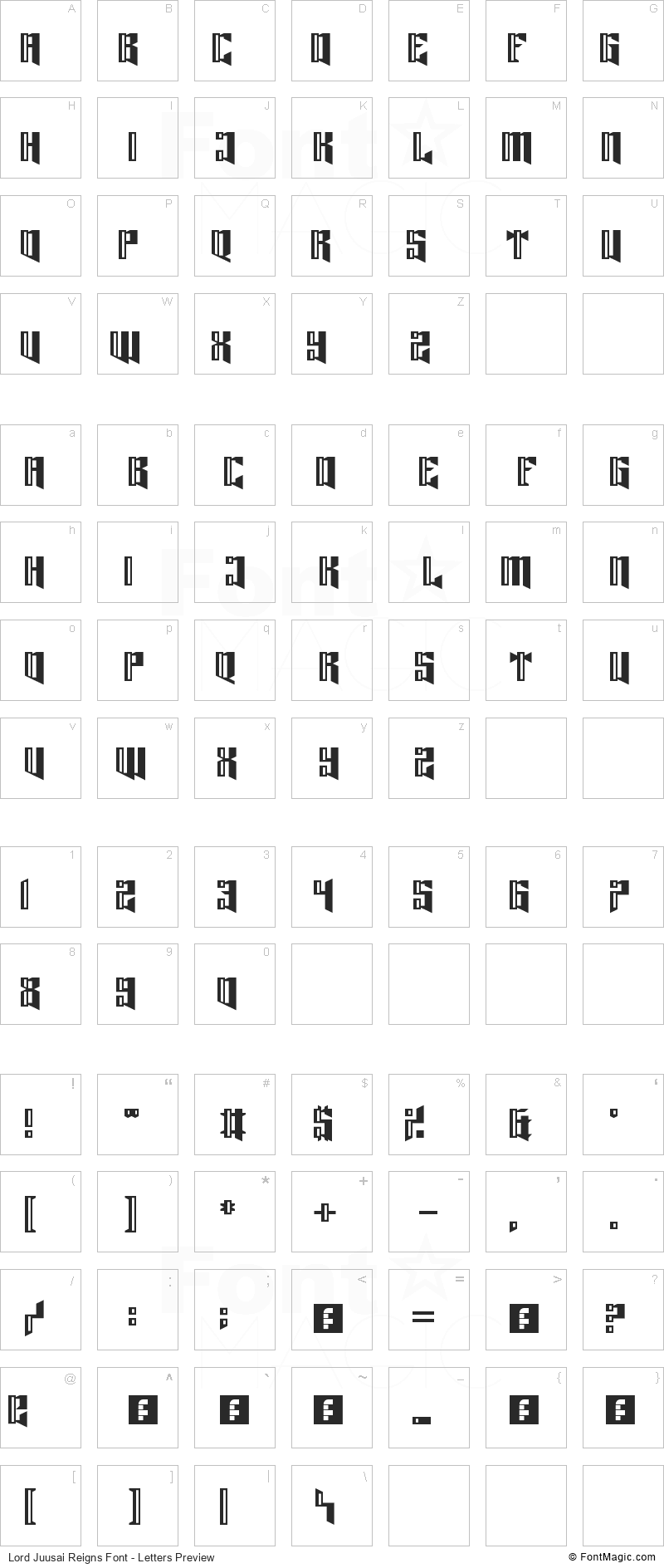 Lord Juusai Reigns Font - All Latters Preview Chart