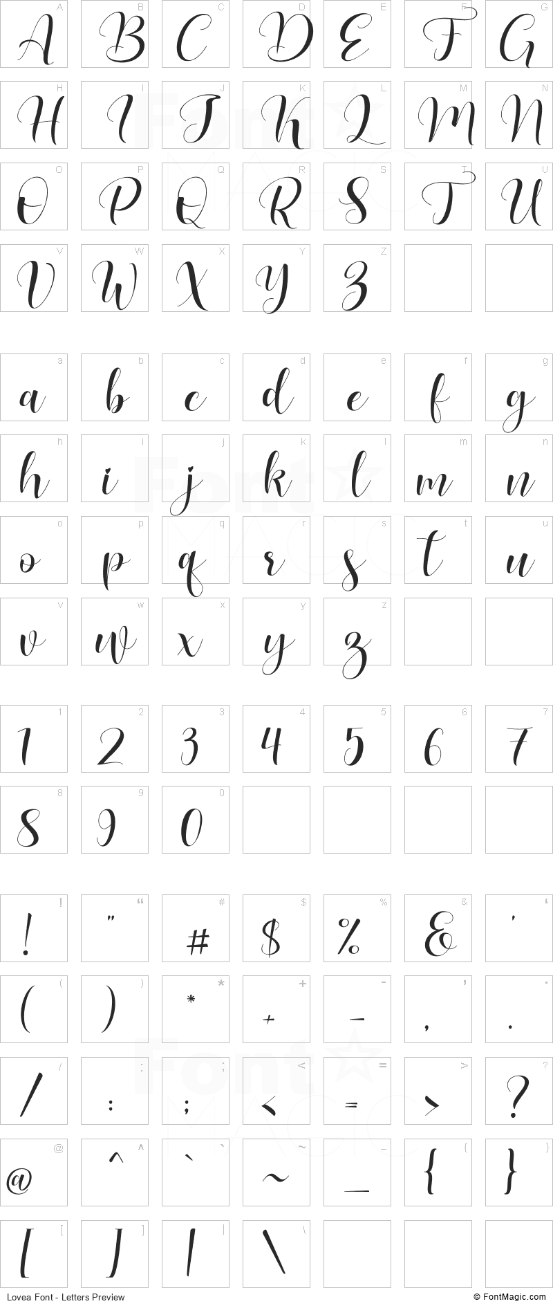 Lovea Font - All Latters Preview Chart