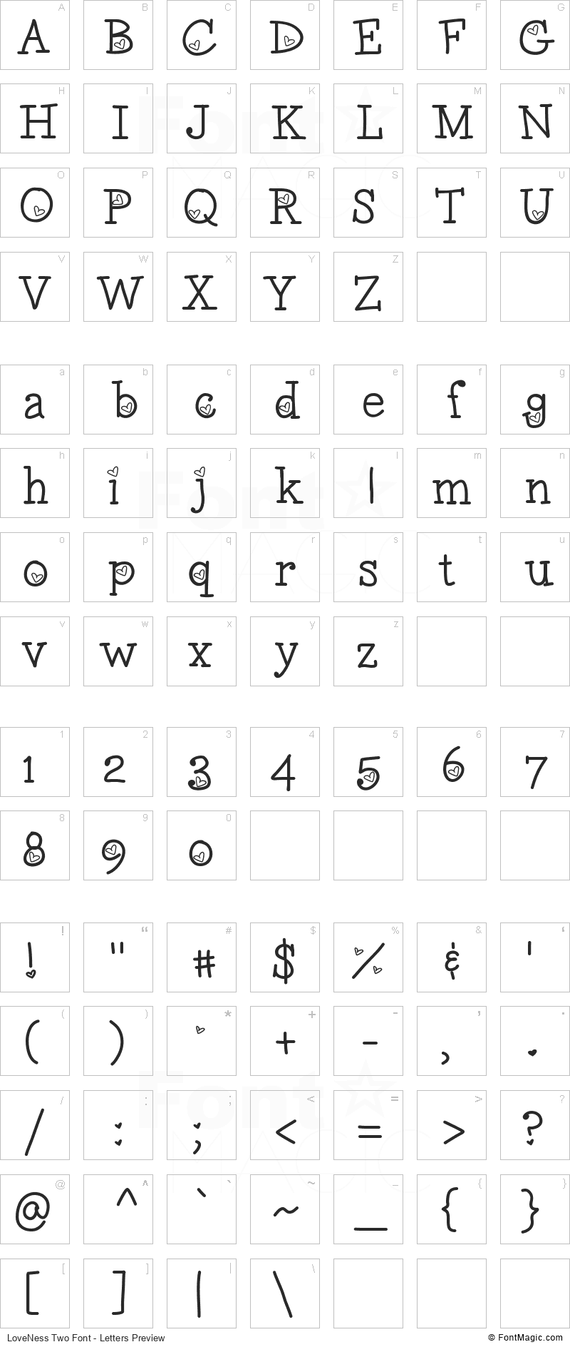LoveNess Two Font - All Latters Preview Chart
