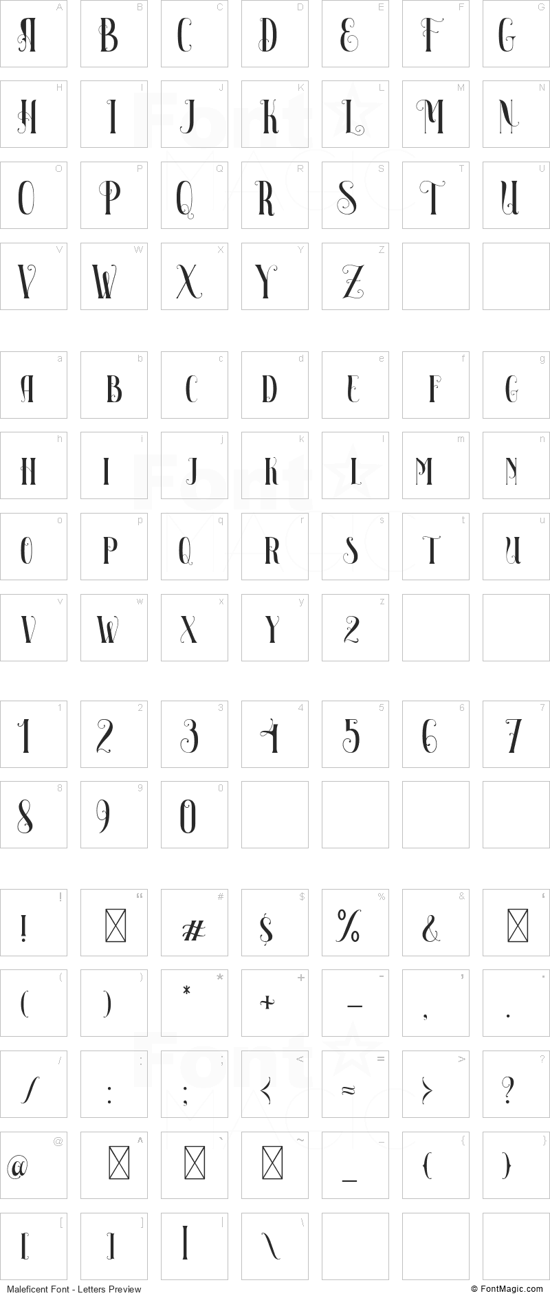 Maleficent Font - All Latters Preview Chart