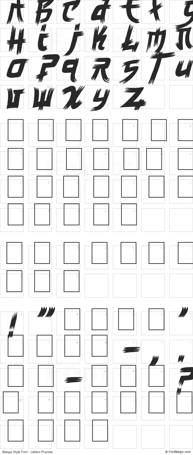 Manga Style Font - All Latters Preview Chart