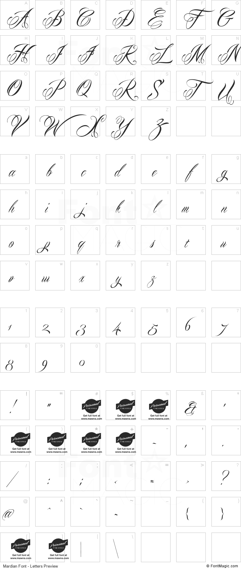 Mardian Font - All Latters Preview Chart