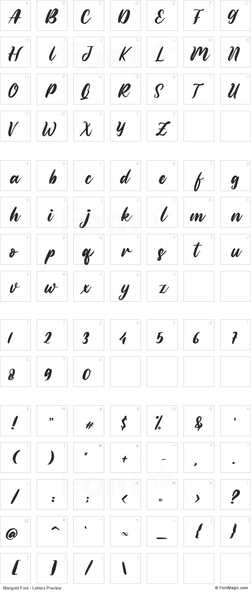 Marigold Font - All Latters Preview Chart