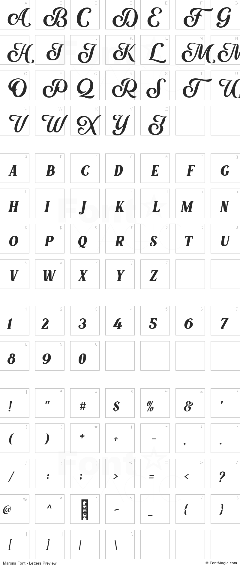 Marons Font - All Latters Preview Chart