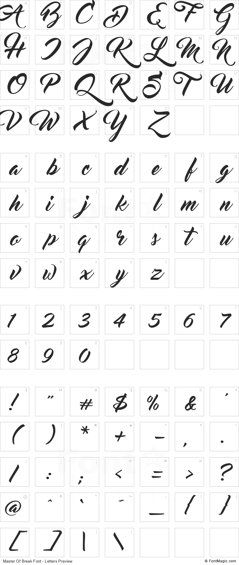 Master Of Break Font - All Latters Preview Chart