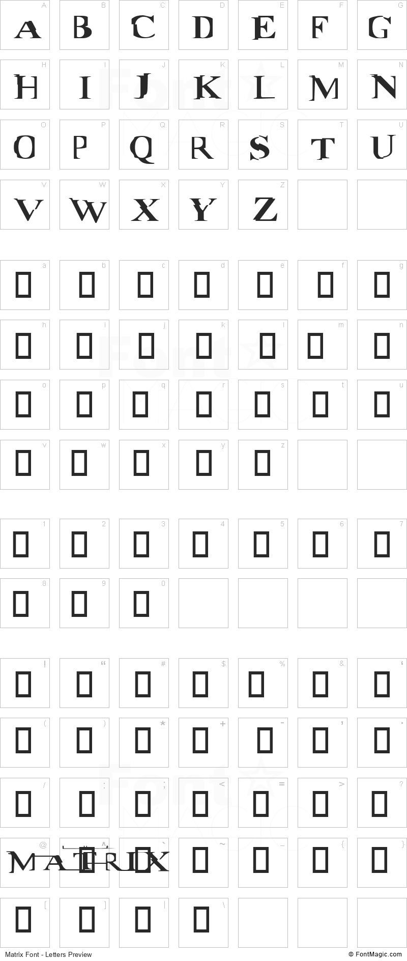 Matrix Font - All Latters Preview Chart