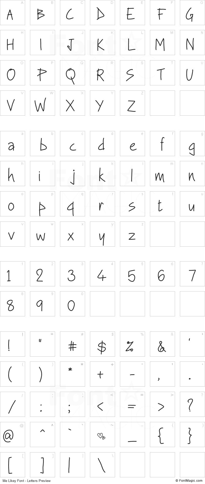 Me Likey Font - All Latters Preview Chart