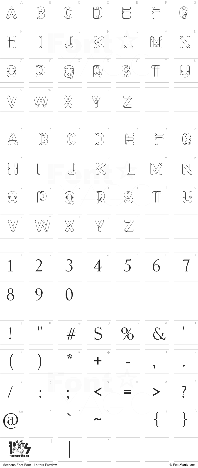 Meccano Font Font - All Latters Preview Chart