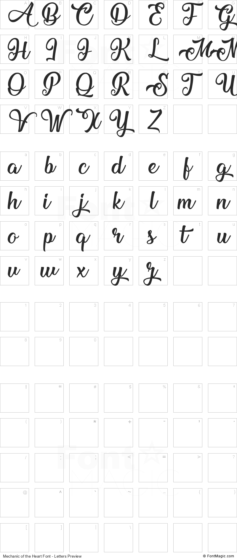 Mechanic of the Heart Font - All Latters Preview Chart