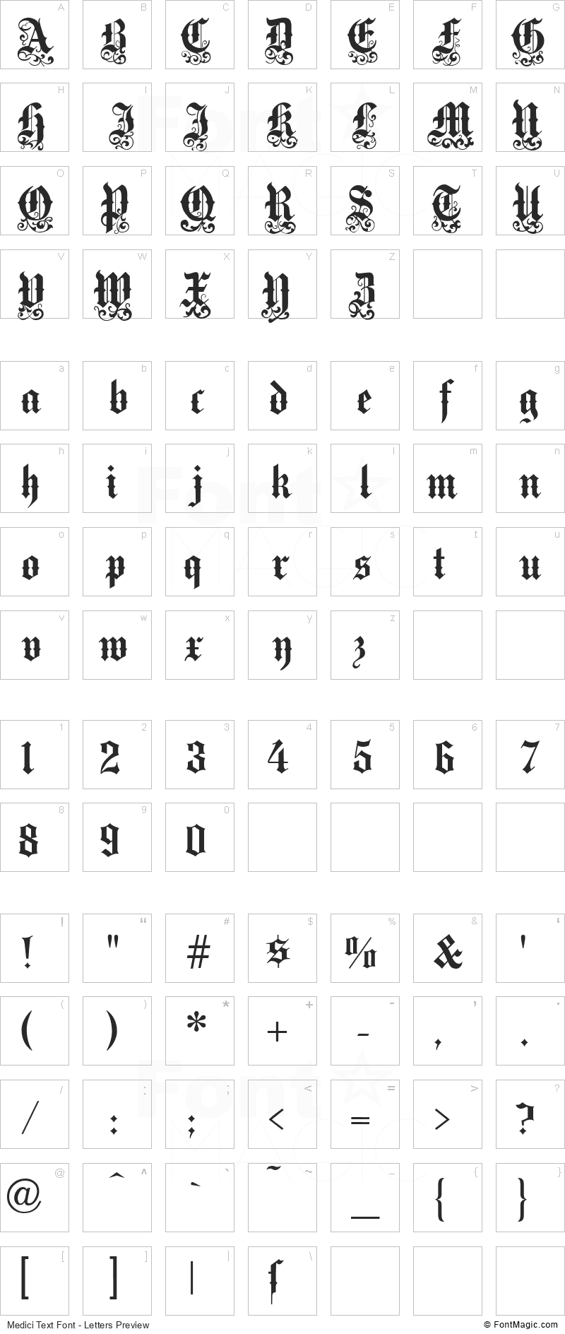 Medici Text Font - All Latters Preview Chart