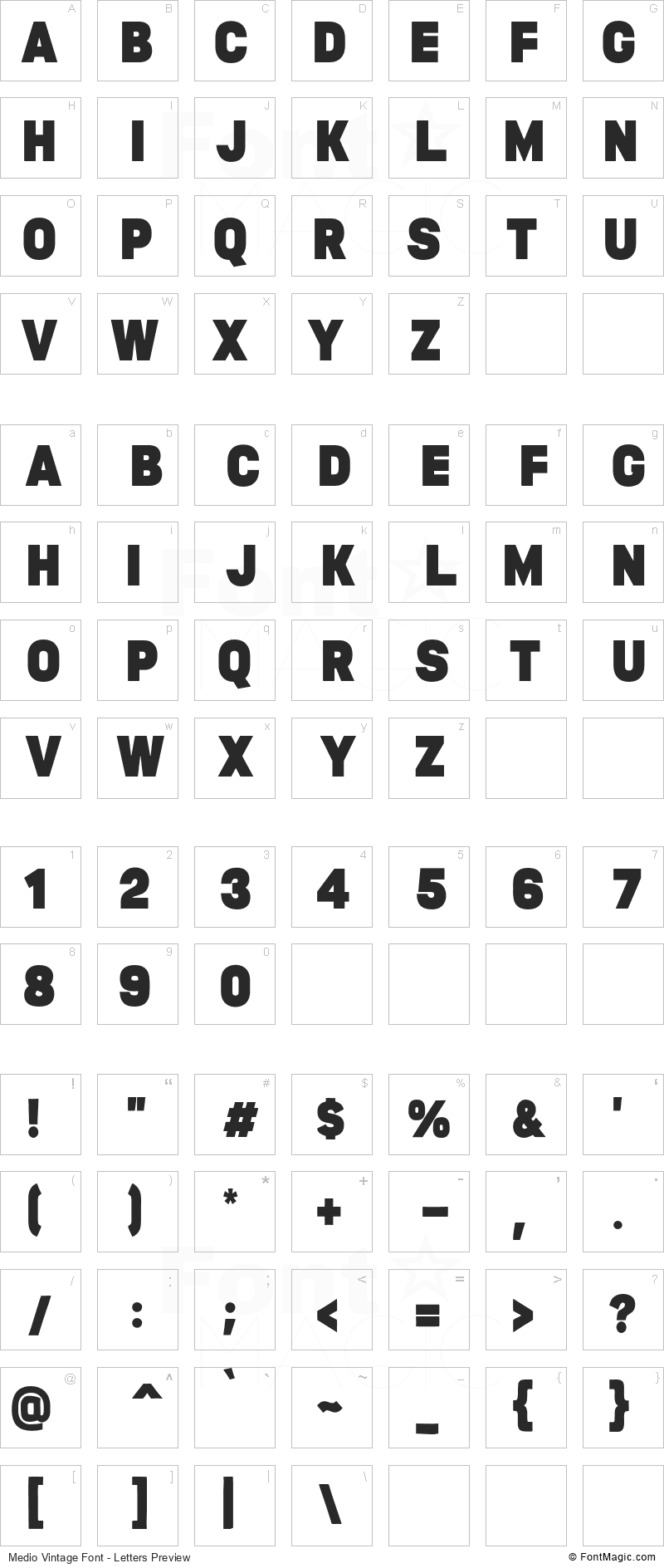 Medio Vintage Font - All Latters Preview Chart