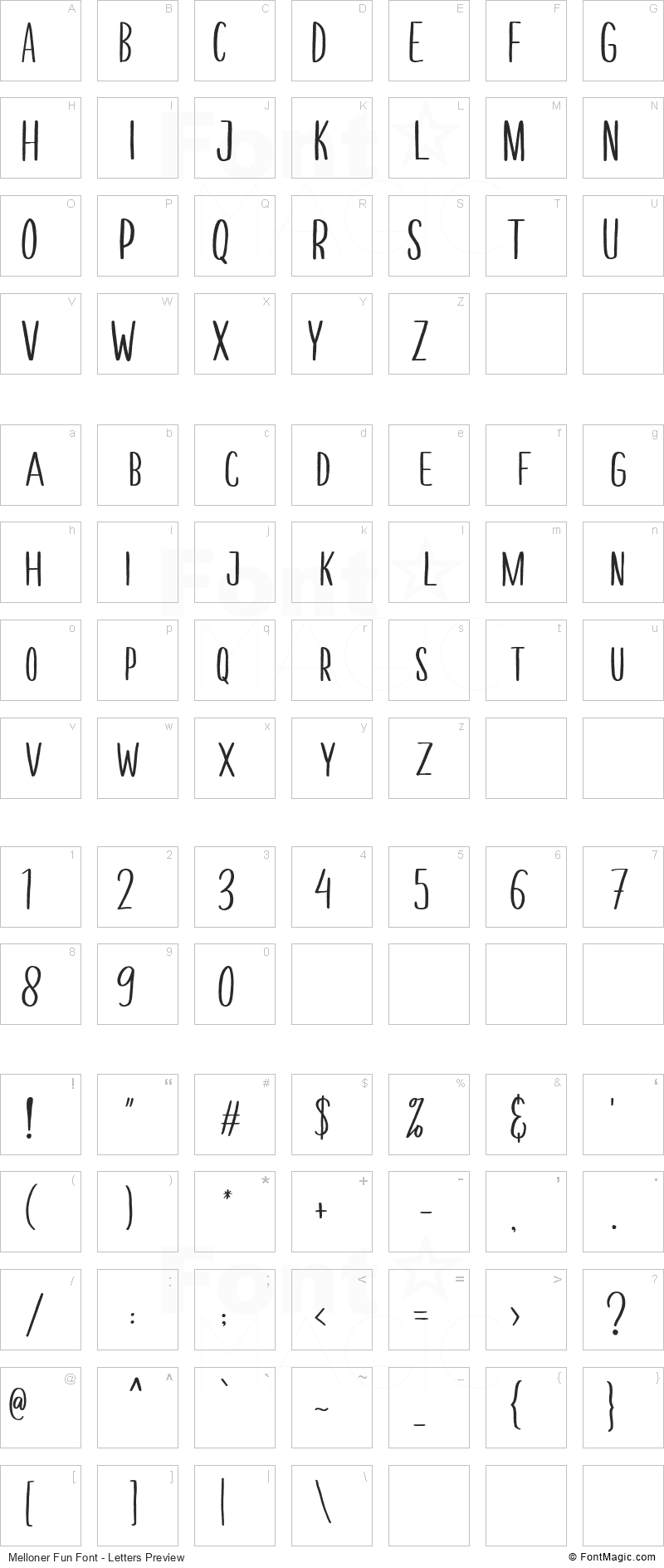 Melloner Fun Font - All Latters Preview Chart