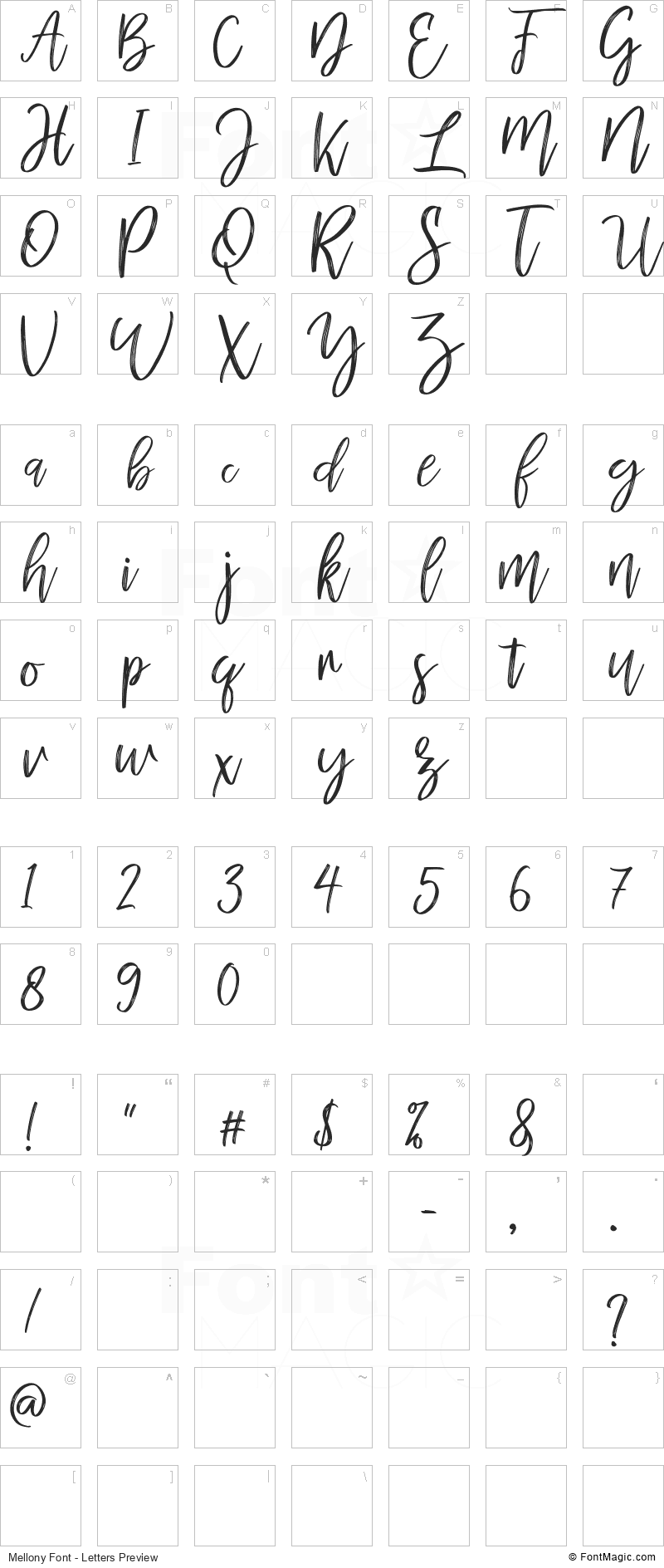 Mellony Font - All Latters Preview Chart