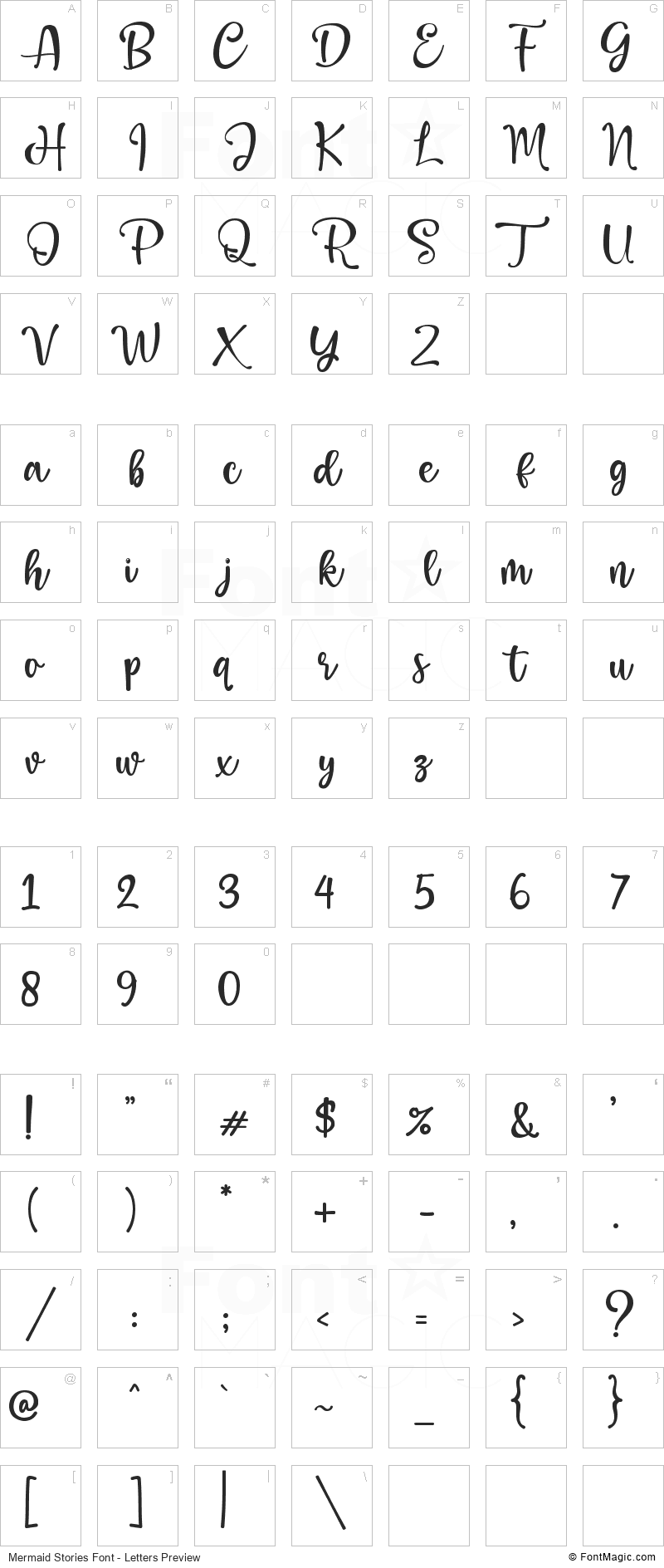 Mermaid Stories Font - All Latters Preview Chart