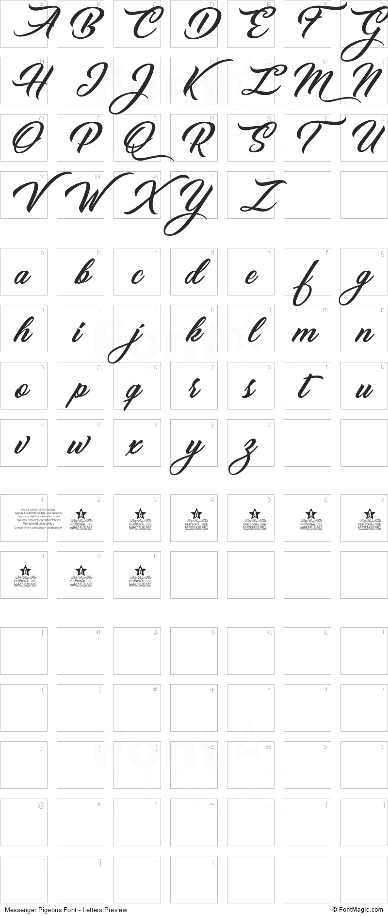 Messenger Pigeons Font - All Latters Preview Chart