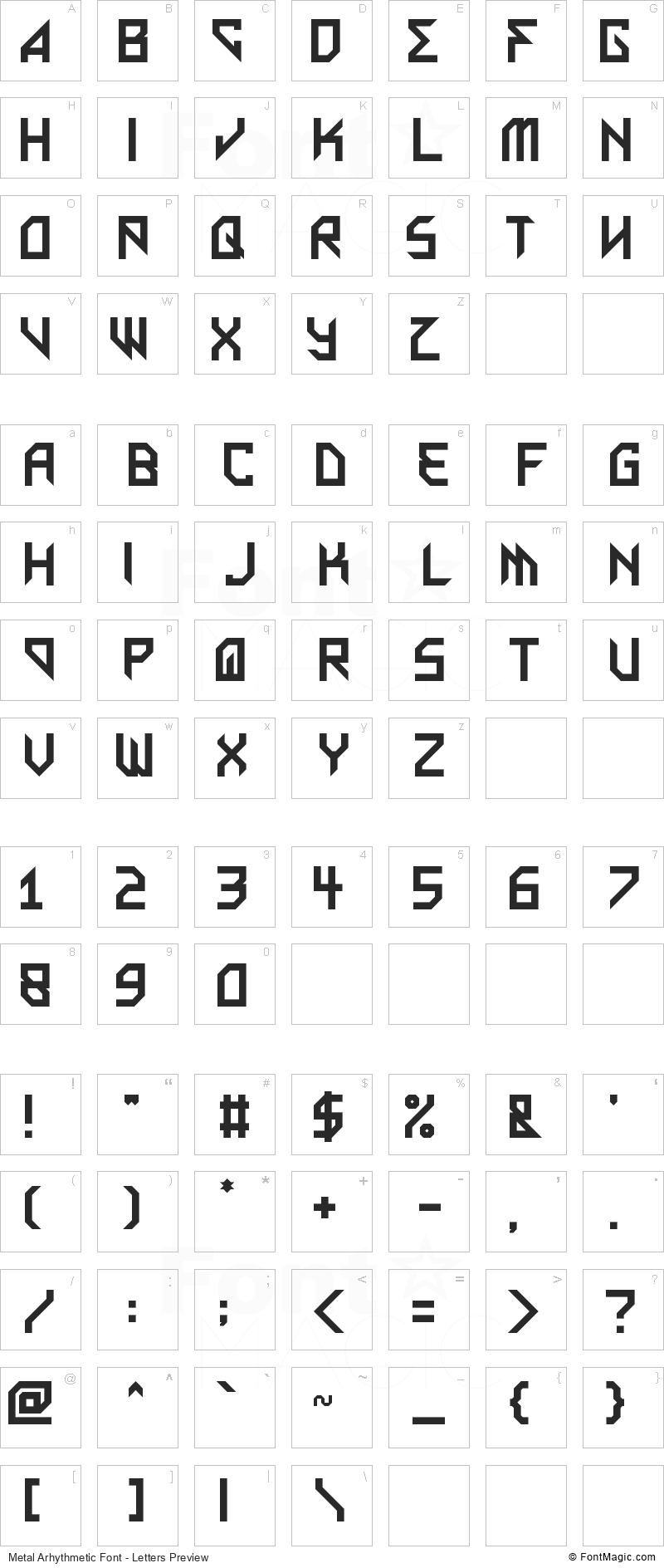 Metal Arhythmetic Font - All Latters Preview Chart