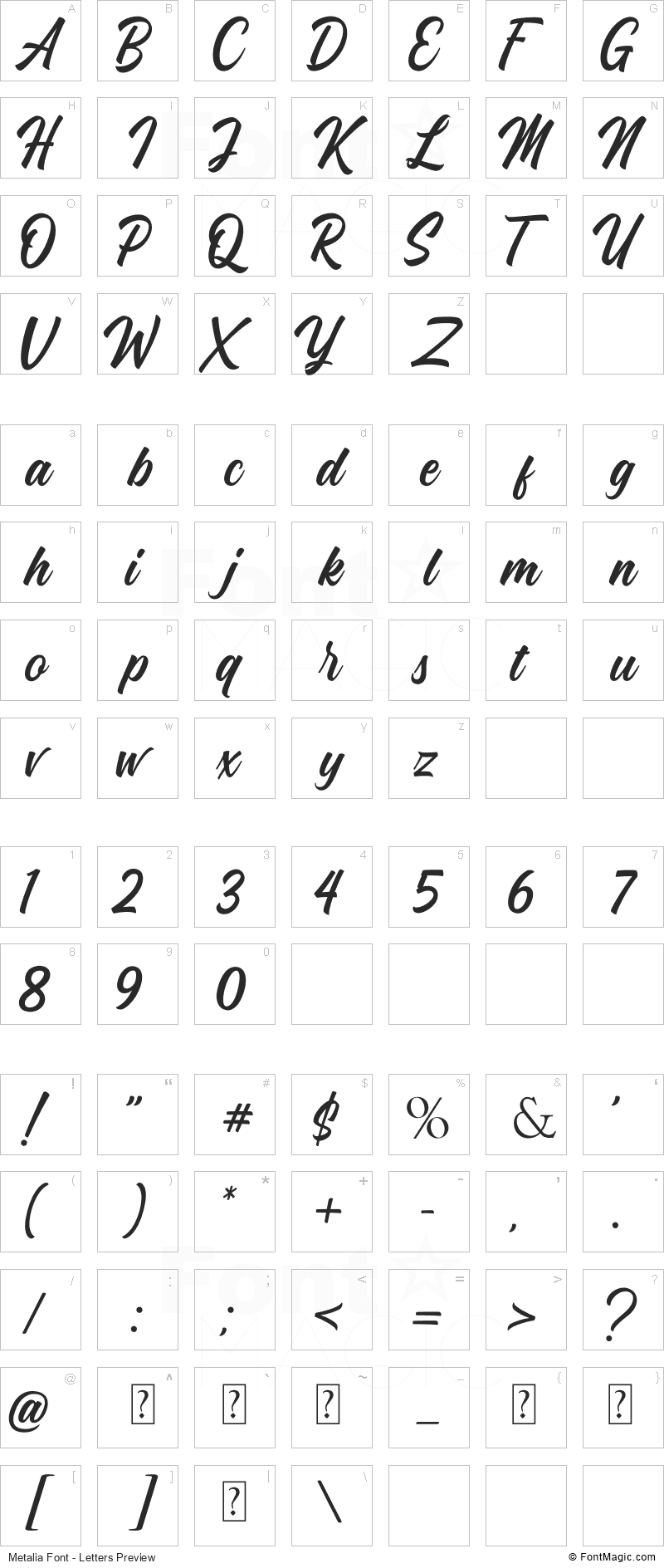 Metalia Font - All Latters Preview Chart