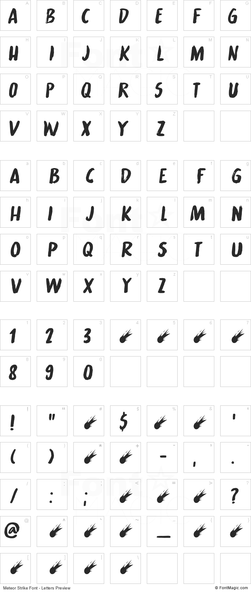 Meteor Strike Font - All Latters Preview Chart