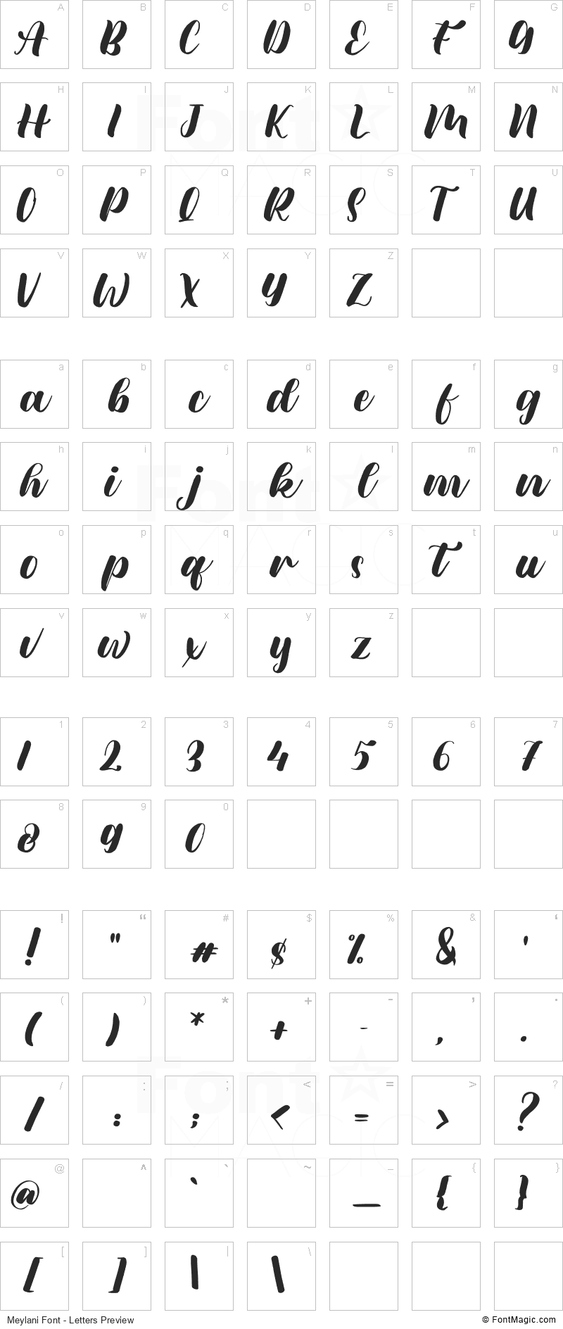 Meylani Font - All Latters Preview Chart
