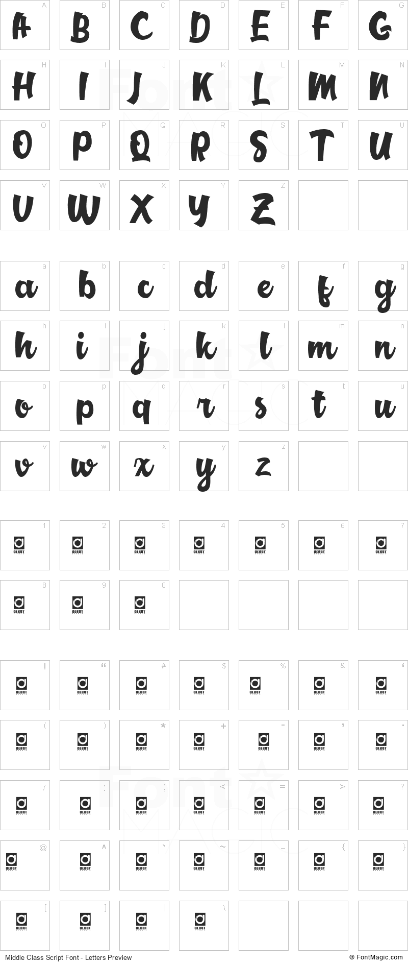 Middle Class Script Font - All Latters Preview Chart
