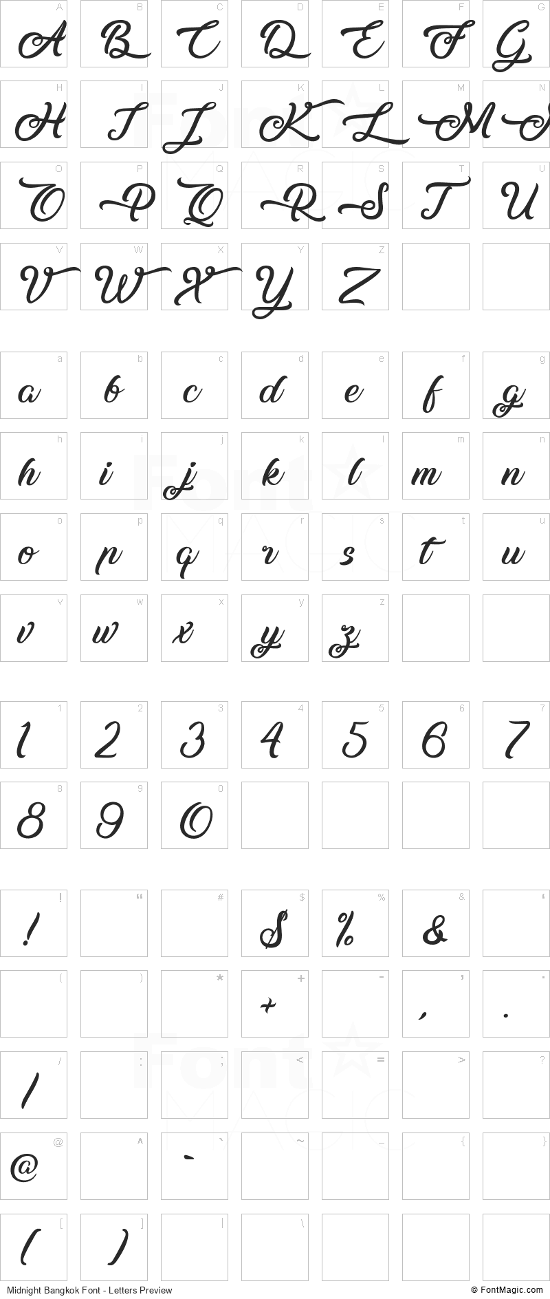 Midnight Bangkok Font - All Latters Preview Chart