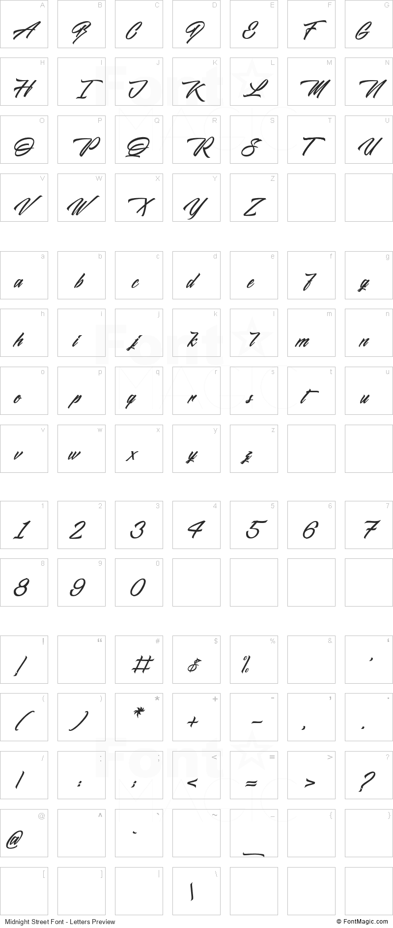 Midnight Street Font - All Latters Preview Chart