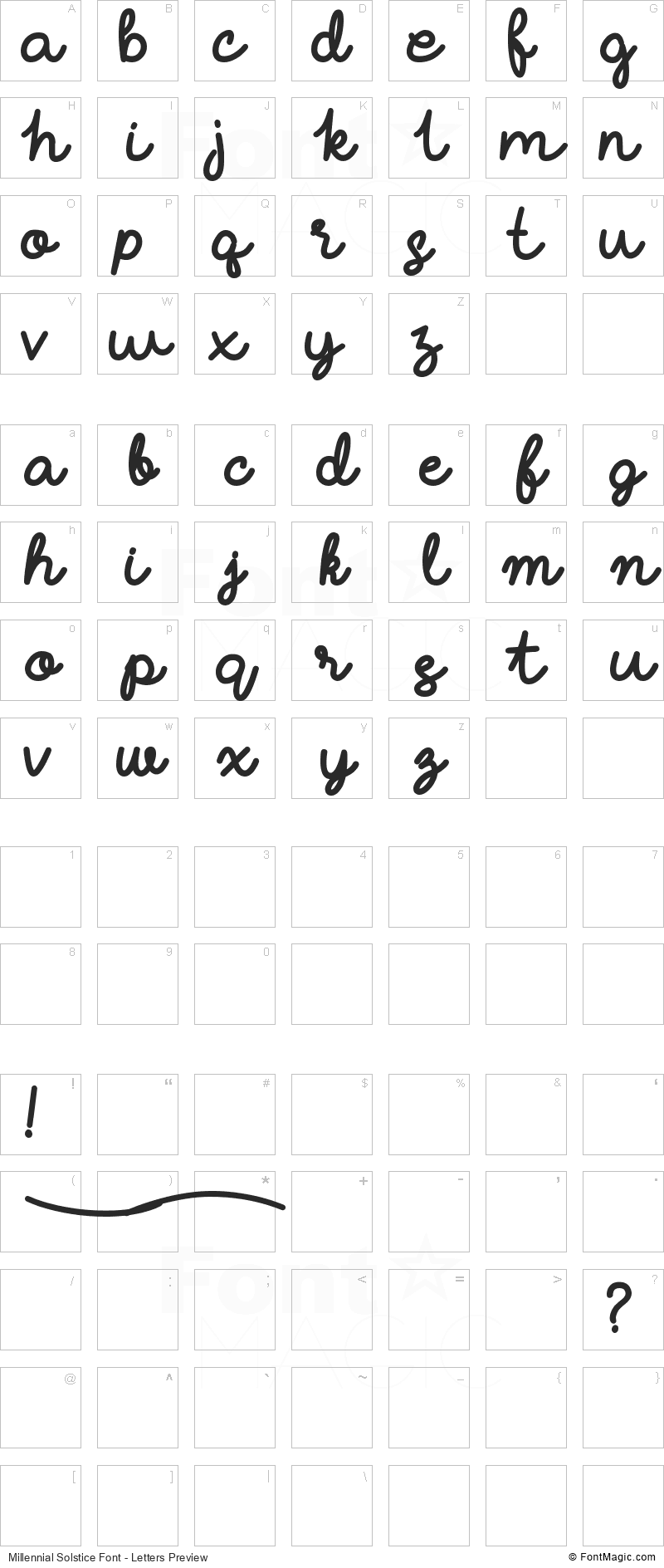 Millennial Solstice Font - All Latters Preview Chart