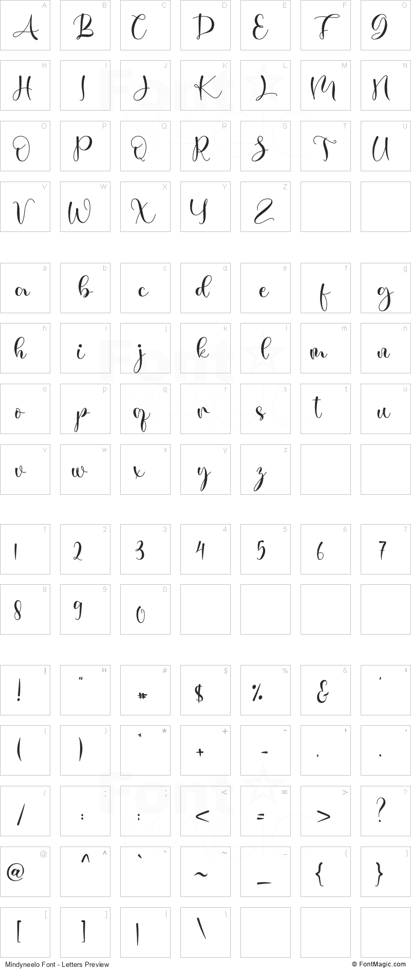 Mindyneelo Font - All Latters Preview Chart