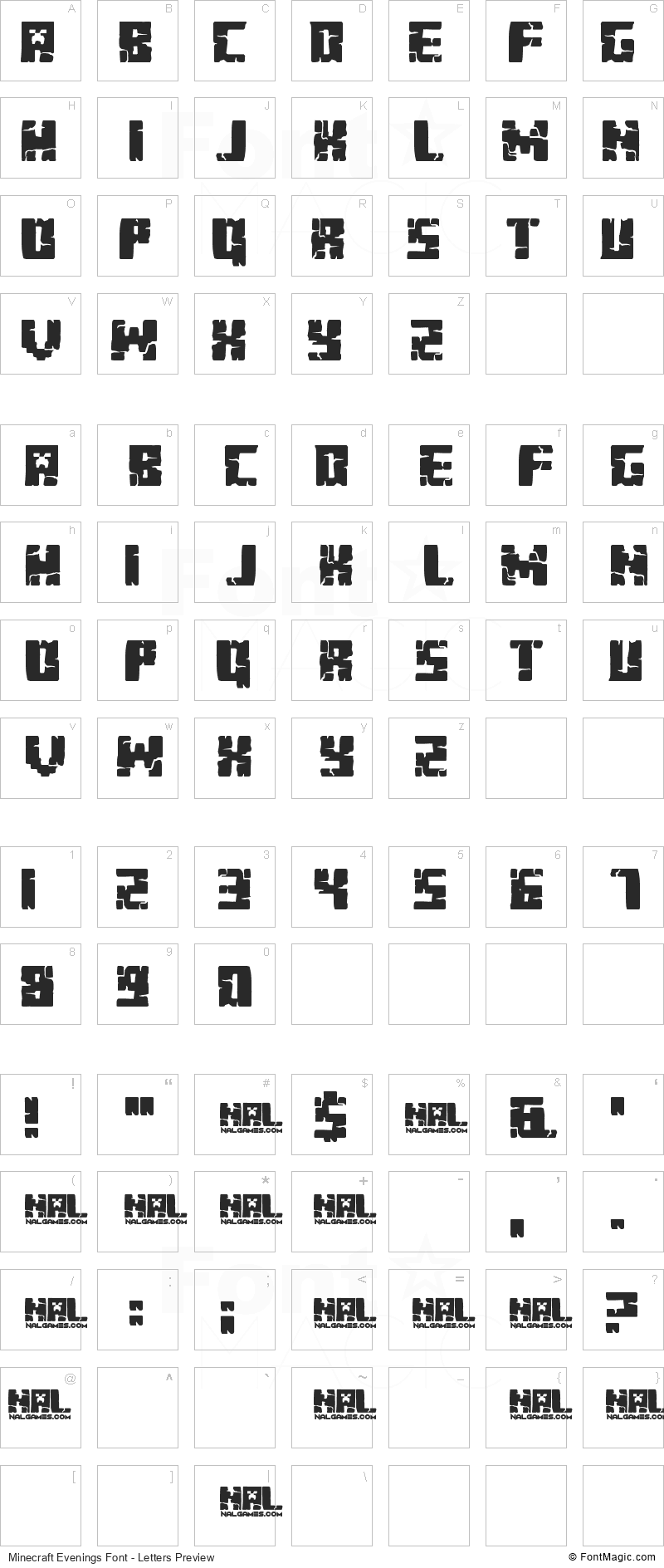 Minecraft Evenings Font - All Latters Preview Chart