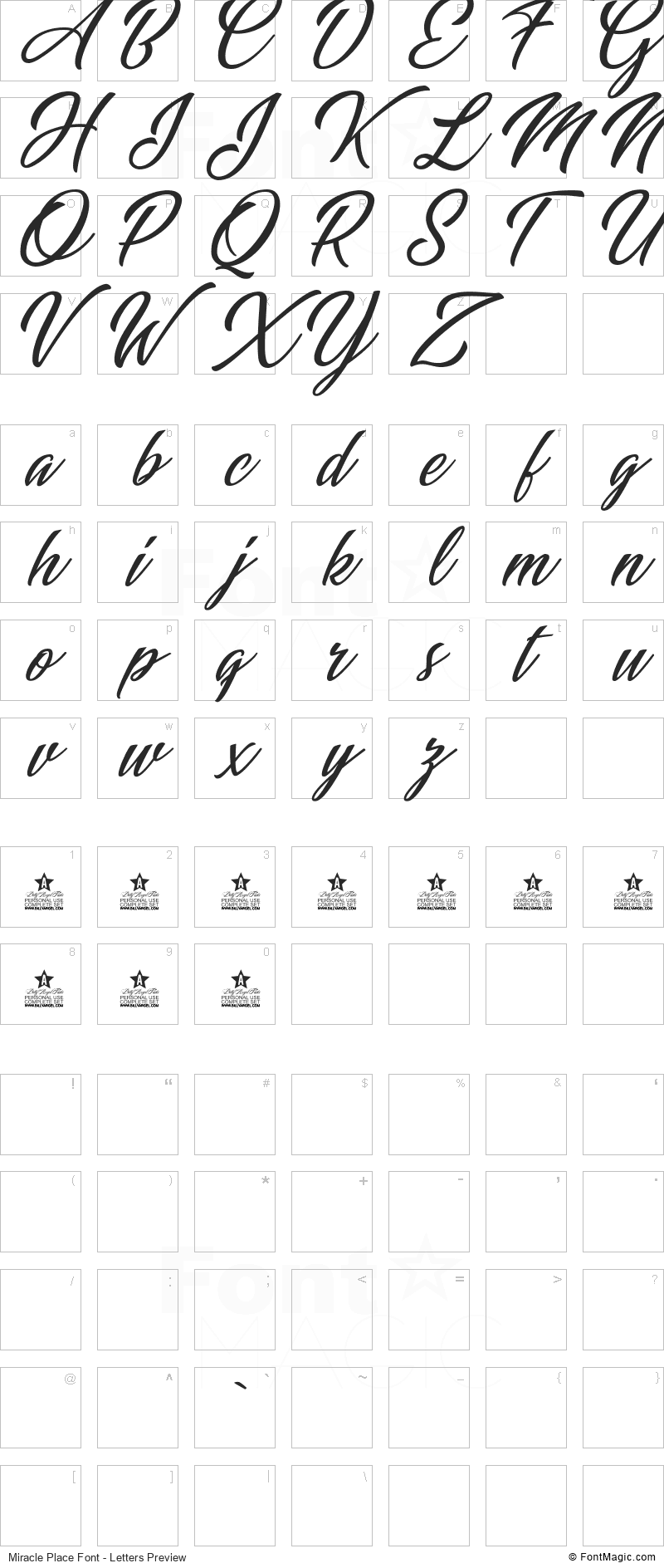 Miracle Place Font - All Latters Preview Chart