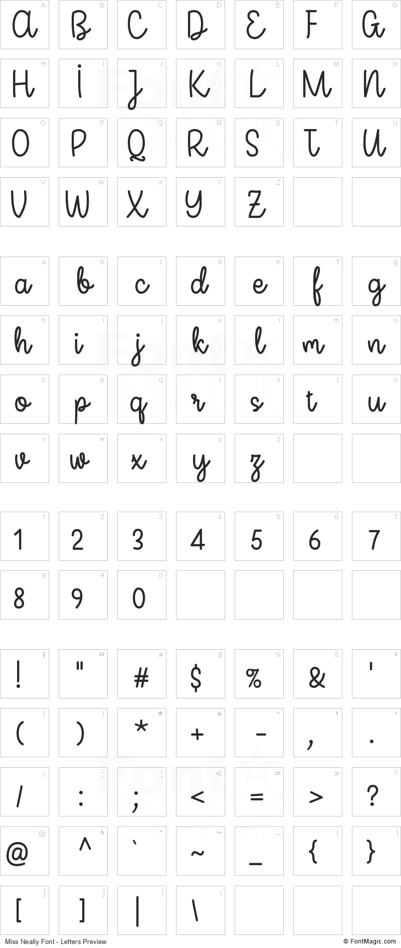 Miss Neally Font - All Latters Preview Chart
