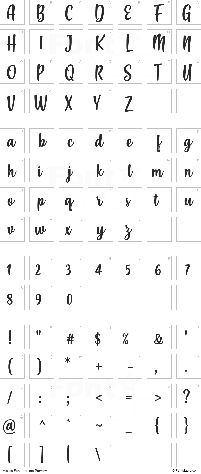 Misses Font - All Latters Preview Chart