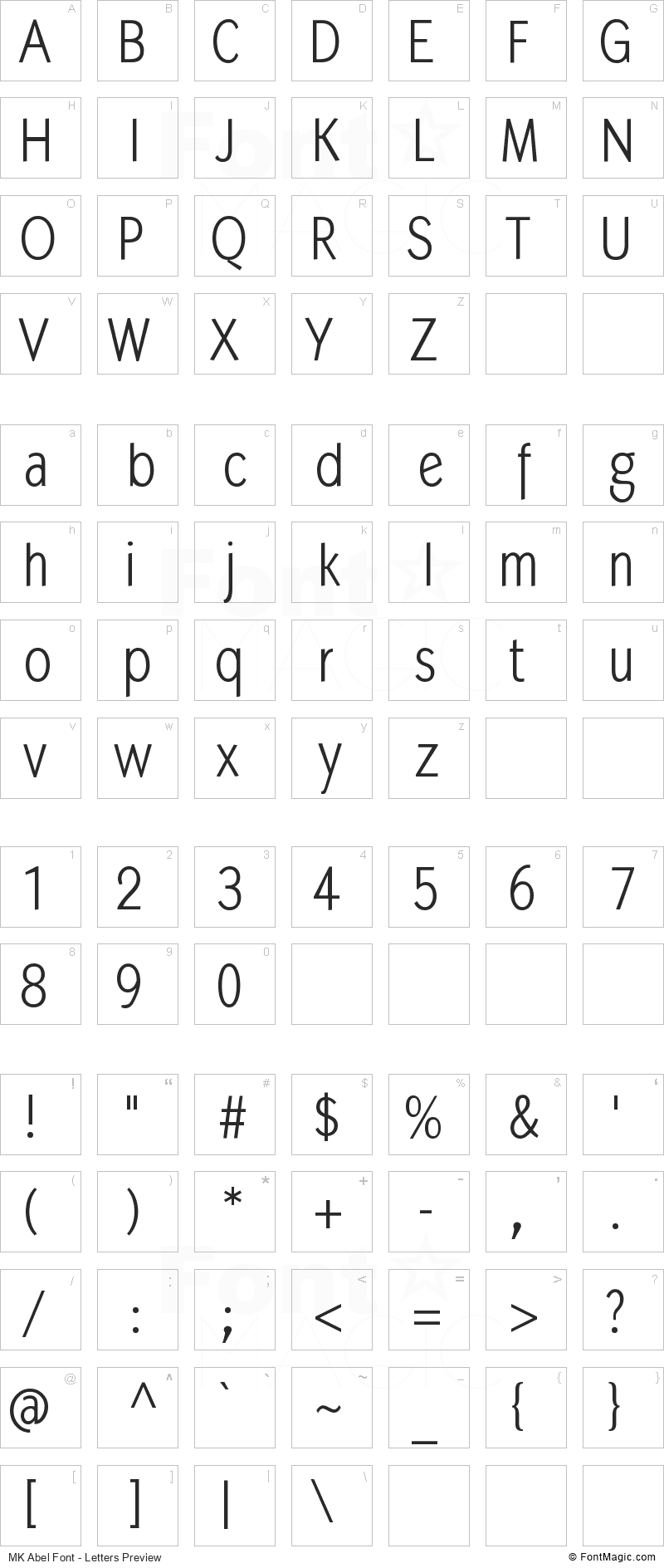 MK Abel Font - All Latters Preview Chart