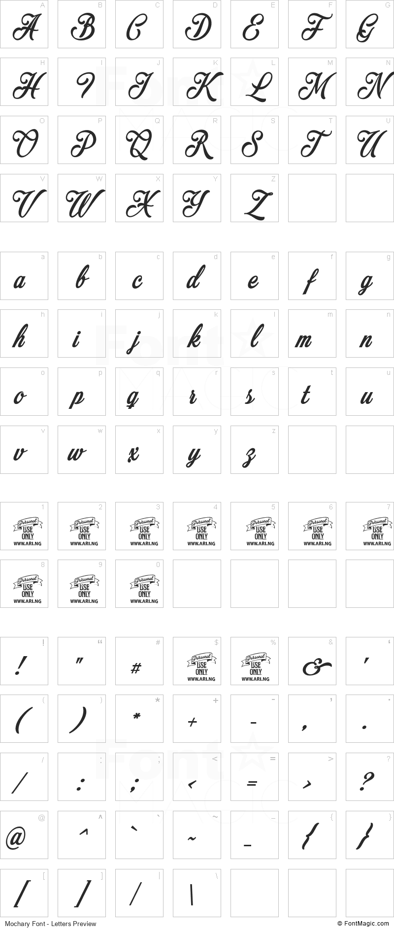 Mochary Font - All Latters Preview Chart