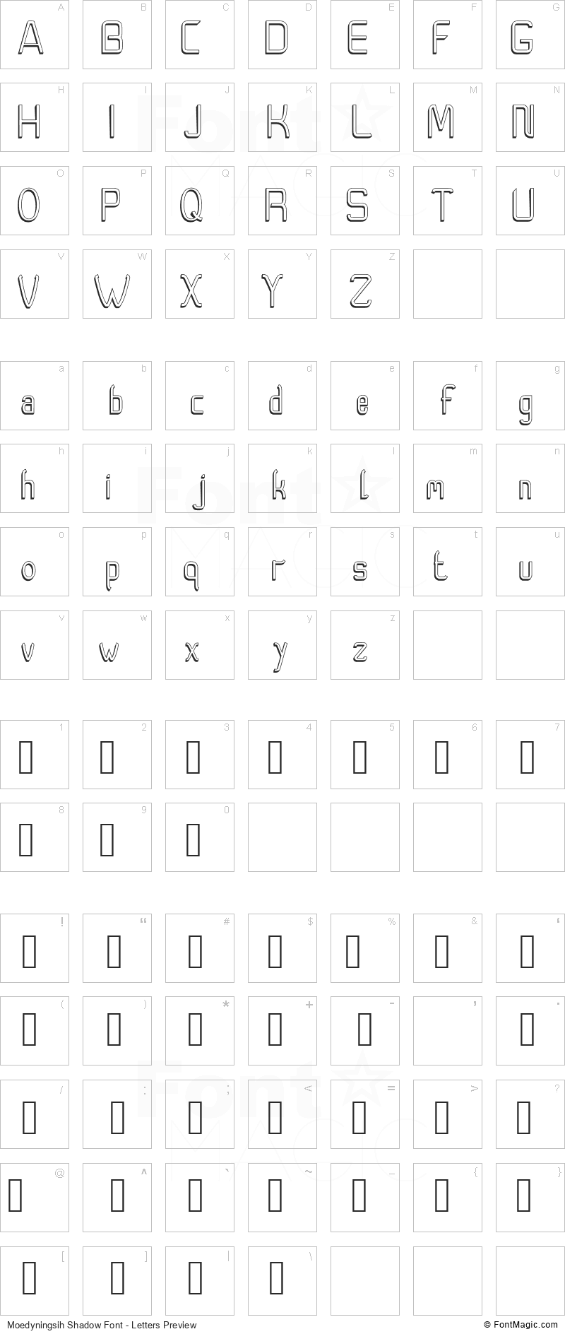 Moedyningsih Shadow Font - All Latters Preview Chart