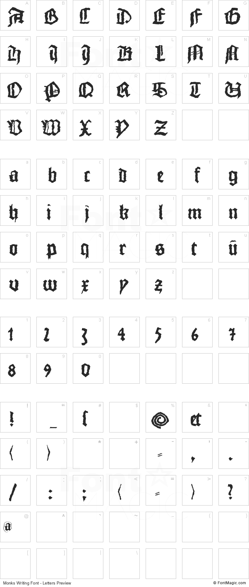 Monks Writing Font - All Latters Preview Chart