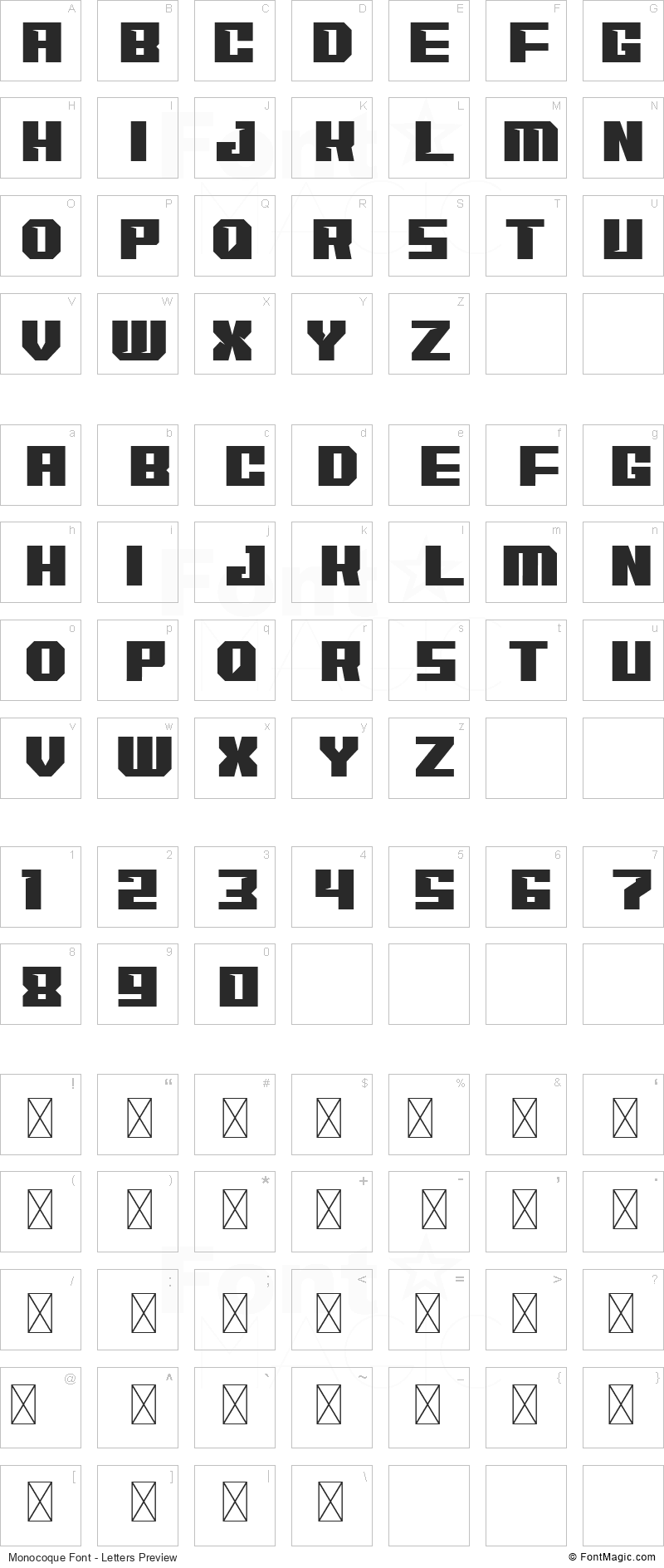 Monocoque Font - All Latters Preview Chart