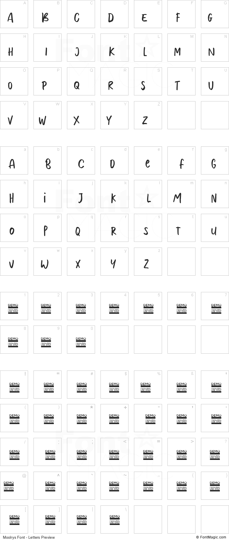 Moolrys Font - All Latters Preview Chart