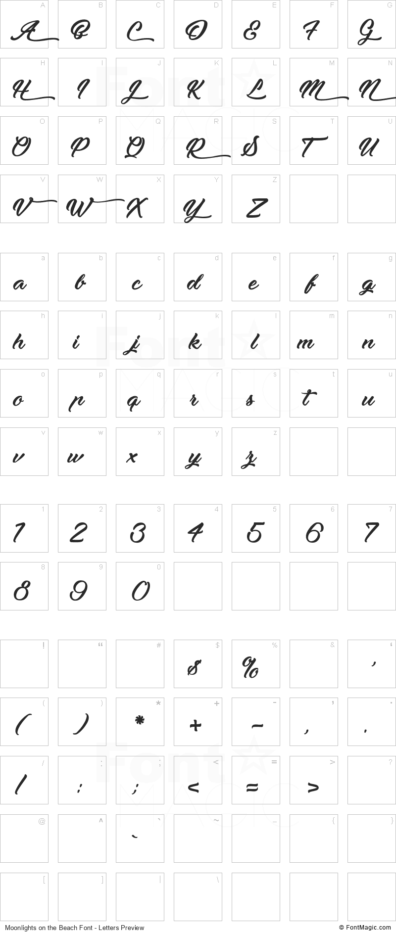 Moonlights on the Beach Font - All Latters Preview Chart