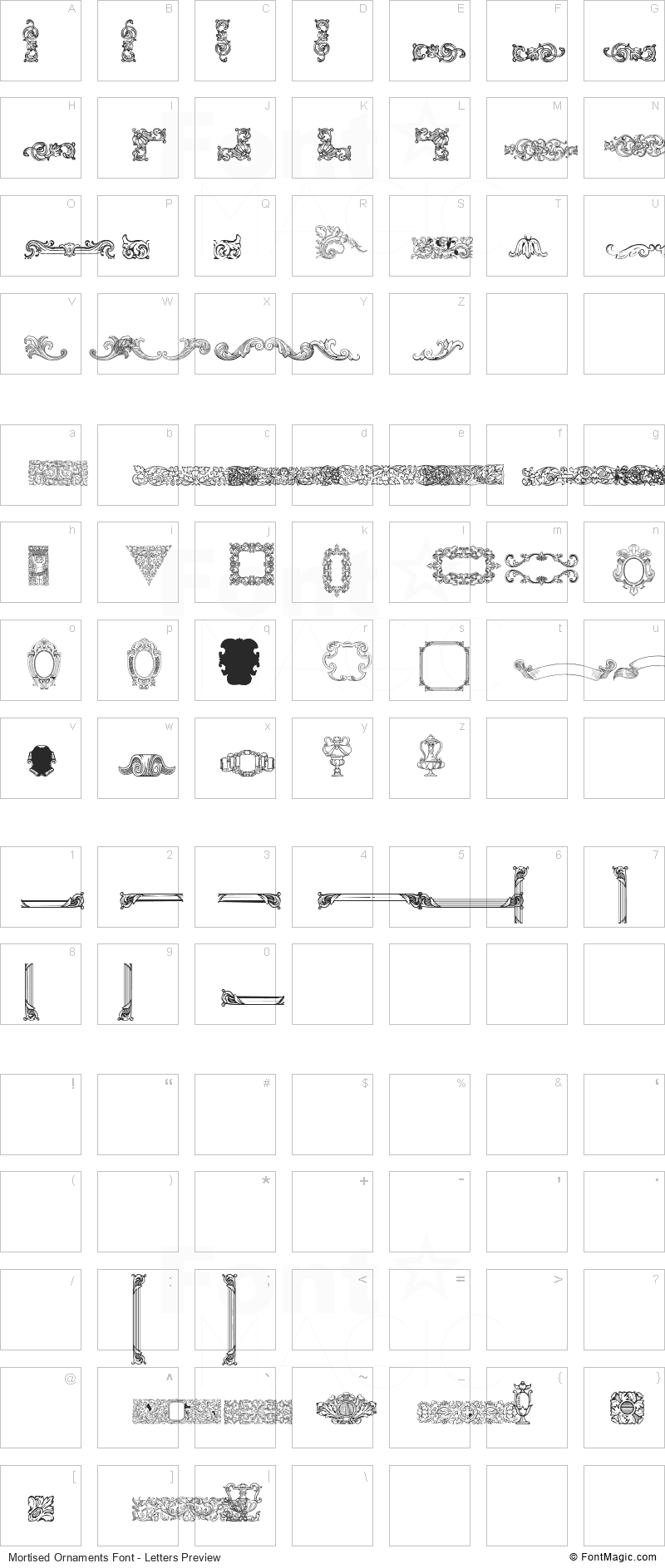 Mortised Ornaments Font - All Latters Preview Chart